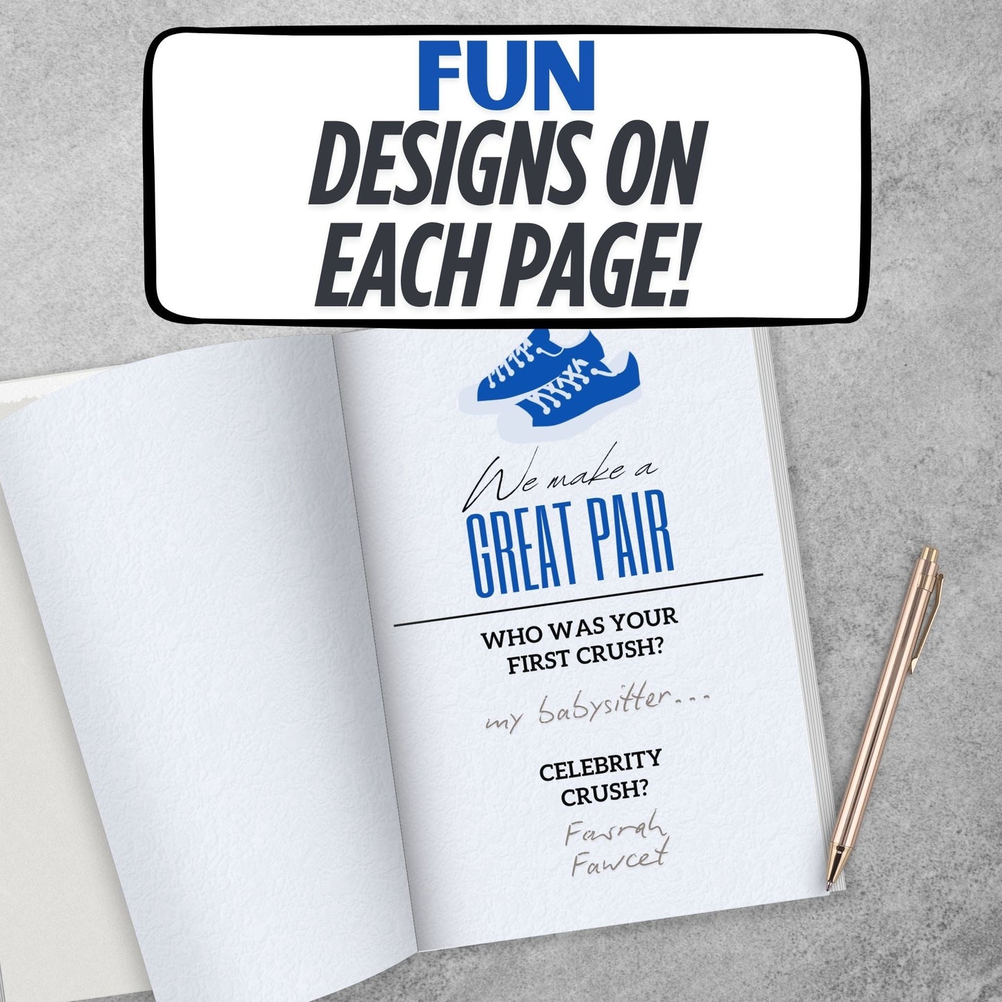 Hey, Dad! Tell Me Something I Don't Know journal with fun designs on each page and a pen on a gray surface.