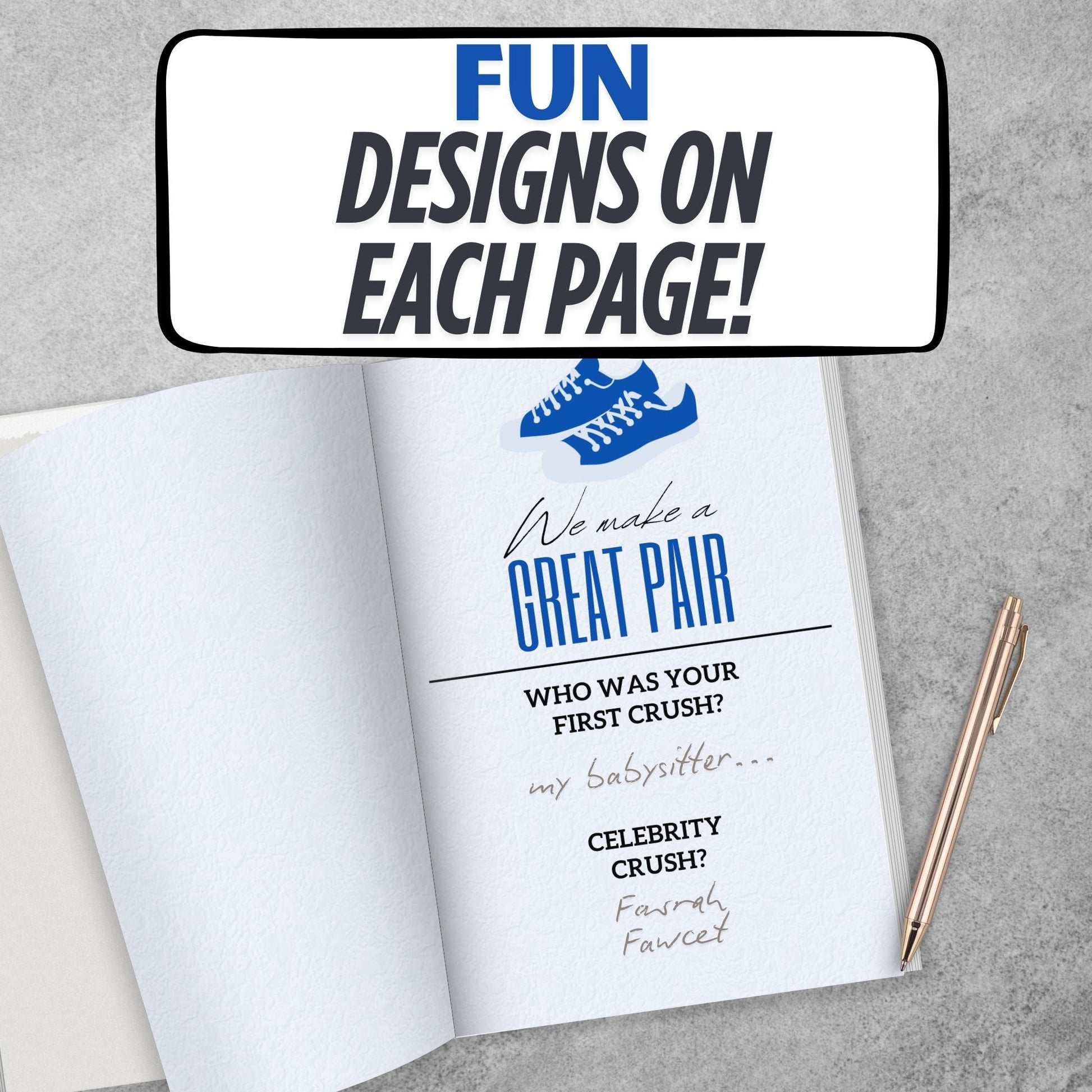 Hey, Dad! Tell Me Something I Don't Know journal with fun designs on each page and a pen on a gray surface.