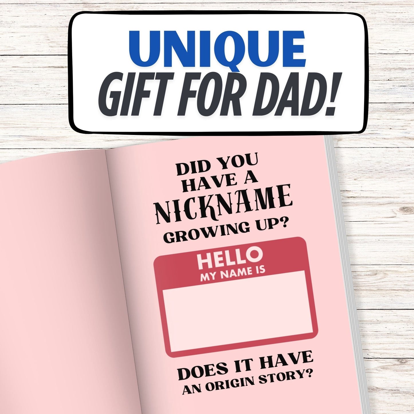 Hey, Dad! Tell Me Something I Don't Know journal with prompts on a pink background, perfect gift for dads.